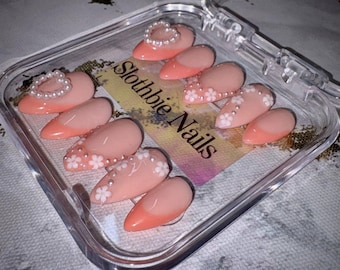 Pearl Petal Blush Press On Set | Peach French Tip Almond | Bridal, Valentine & Everyday