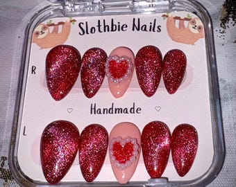 EMBERED PEARL | Red Cat Eye Pearl Press On Nails | Romantic Valentine Glam