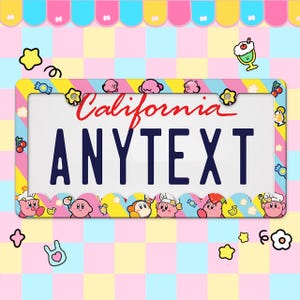 May include: A license plate frame with a colorful design. The frame has a white license plate with the text "ANYTEXT" in navy blue. The word "California" is written in red script. The frame is decorated with cartoon characters and sweets.