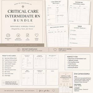 Może przedstawiać: Beżowo-biały, drukowany pakiet narzędzi pielęgniarskich zatytułowany "Critical Care Intermediate RN Bundle". Pakiet zawiera różne arkusze do organizacji i ustalania priorytetów, zaprojektowane przez pielęgniarkę. Obraz pokazuje również przykłady dołączonych arkuszy.