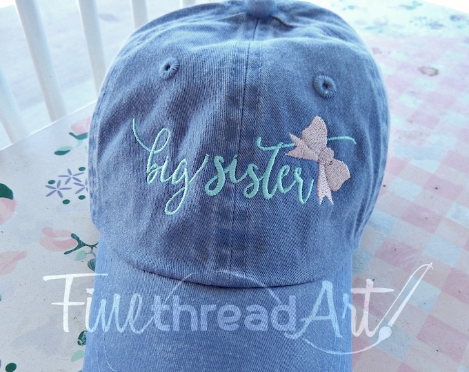KIDS Big Sister with Bow Monogram Baseball Cap Hat for Girls Youth Size Name Initials Leather Strap Pregnancy Announcement Gender Reveal