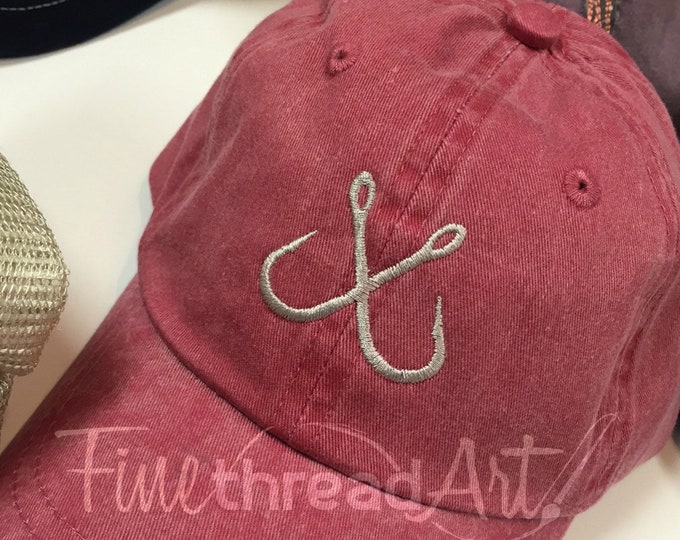 Kids or Adult Fish Hook Baseball Cap Hat for Girls Boys Youth Size Name Initials Leather Strap Fishing Boat Cruise Outdoors Boy Hat Monogram