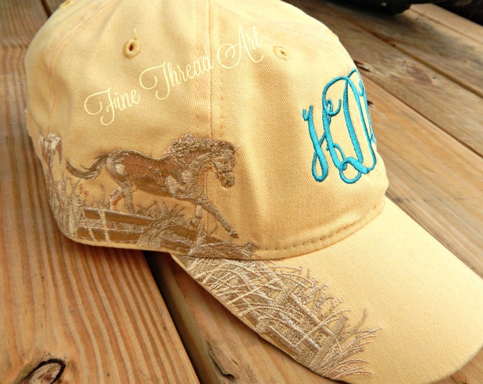LADIES Horse Monogram Yellow Baseball Cap Hat Mom Bridesmaid Bride Bachelorette Pigment Dyed Beach Summer Western English Riding Equestrian