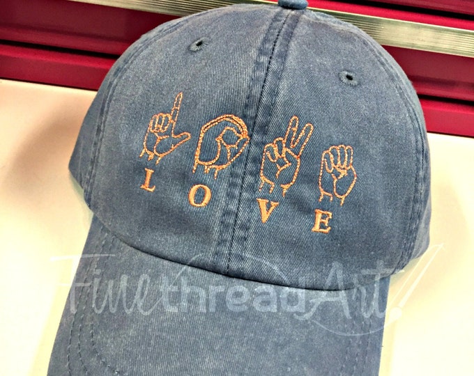 LADIES Love Sign Language Hat Baseball Cap LEATHER strap Pigment Dyed Summer Beach Vacation ASL American Sign Language Love Kind