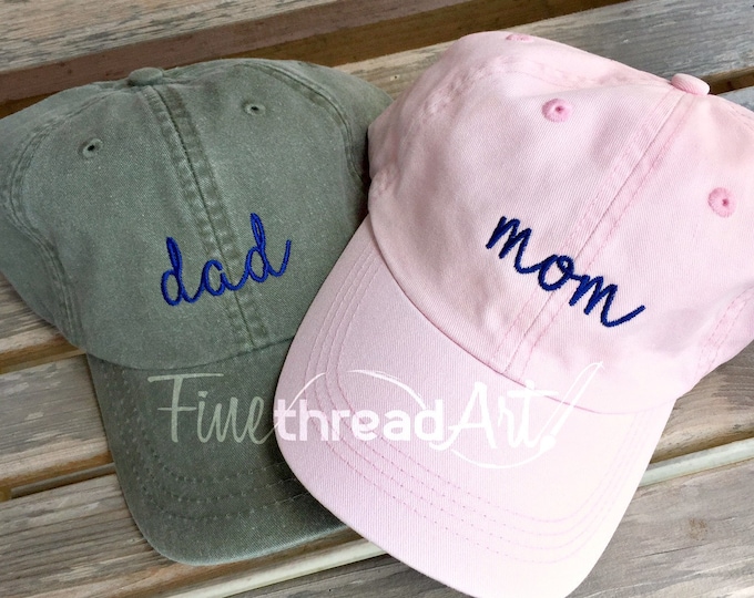 Mom and Dad Hat Baseball Cap LEATHER strap Pigment Dyed Mother Father Pregnancy Announcement Baby Shower Gender Reveal Party