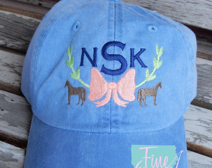 LADIES Equestrian Horse Monogram Baseball Cap Hat LEATHER strap Pigment Dyed English Riding Western Horseback Jumping Bow Laurel Swag