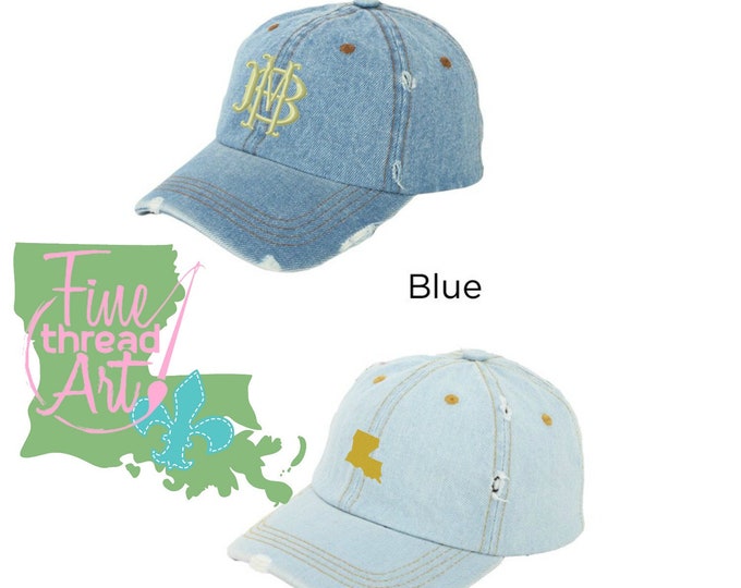 LADIES Distressed Denim Jean Hat Baseball Cap Fall  Monogram Vacation Dad Hat State Light Wash or Medium Wash