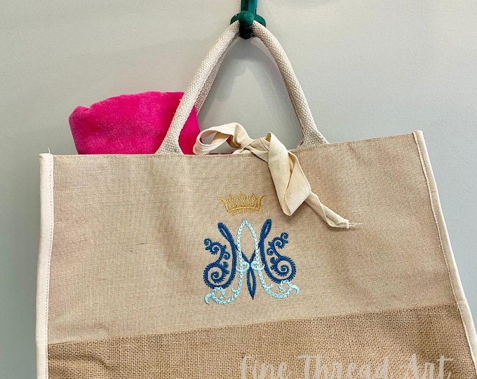 Mary Tote bag Mother Mary Auspice Virgin Mary Our Lady Catholic Christian Church Crown Blue Gold Rosary Ave Maria Jute Tie Quick Ship
