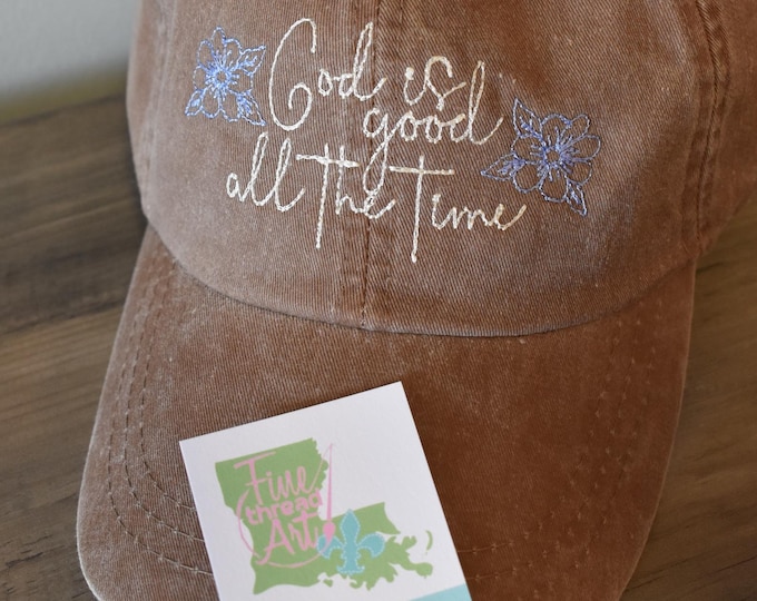 Ladies Floral God is Good All the Time Vintage Baseball Cap Hat LEATHER strap Mom Christian Faith Inspirational Catholic Baptism Gift Hope