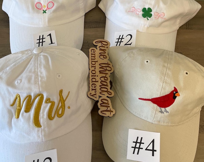 Sample Sale Embroidered Hats White Ivory Tennis Bow Shamrock Mrs. Bride Cardinal Wedding Adult Ladies Size Cap