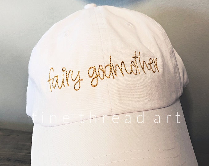 LADIES Fairy Godmother Hat with Side Monogram Baseball Cap LEATHER strap Pigment Dyed Baptism Christening Dedication God Mother Christian