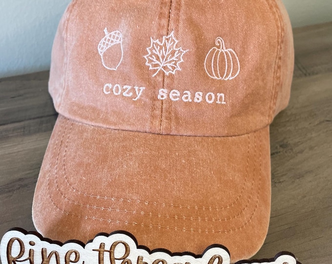 LADIES Cozy Season Hat with Side Monogram Baseball Cap LEATHER strap Pigment Dyed Fall Halloween Spice Pumpkin Acorn Preppy Autumn Leaf Peep
