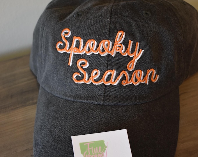 LADIES Spooky Season Hat with Side Monogram Baseball Cap LEATHER strap Pigment Dyed Fall Halloween Spice Pumpkin Everything Preppy Autumn