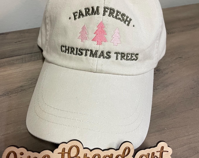 Ladies Farm Fresh Christmas Trees  Baseball Cap Hat LEATHER strap Mom Mother Teacher Ugly Sweater Party Pink and Green Preppy Holiday Gift