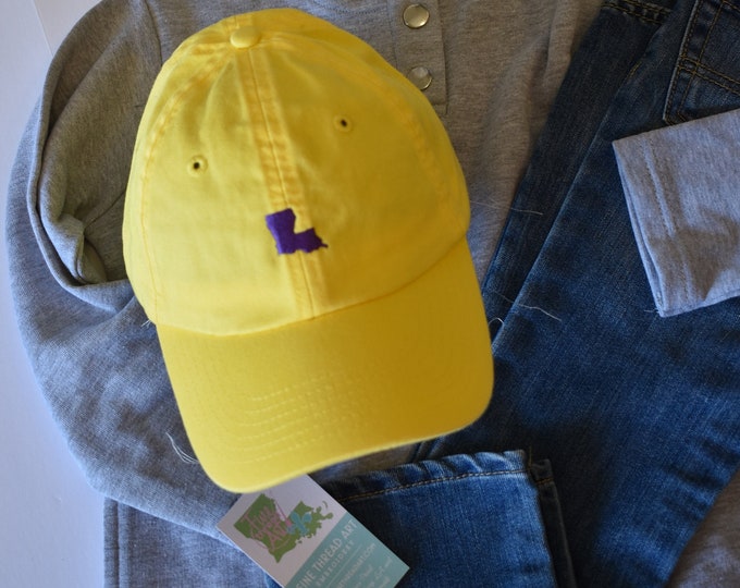 Quick Ship Louisiana Mardi Gras Baseball Hat Dad Hat Ladies Men Cajun Fleur de Lis Parade Krewe NOLA Lafayette Zydeco Purple and Gold