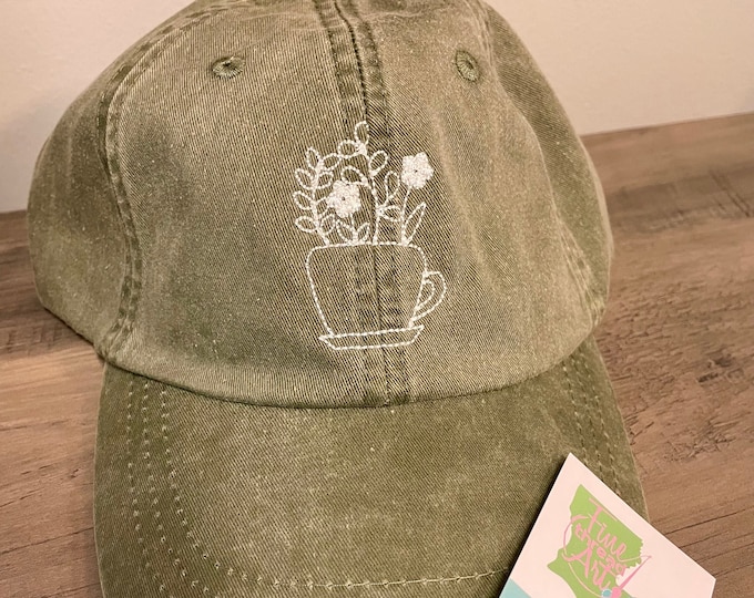 Ladies Floral Coffee Tea Cup Mug Vintage Look Baseball Cap Hat LEATHER strap Mom Mother Teacher Book Club Caffeine Flower Drink Cafe Latte