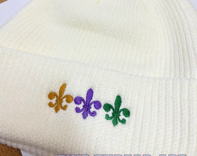 Adult Mardi Gras Beanie Pom Pom Hat Louisiana Cajun Parade Float Krewe Fleur de Lis Bayou Lafayette Winter Ivory Knit