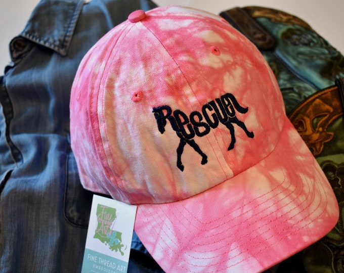 Quick Ship Pink and White Tie Dye Hat with Horse Rescue in Navy Blue Unisex Dad Hat Ladies Texas Cowgirl Horse Rodeo Adopt Rescue Western