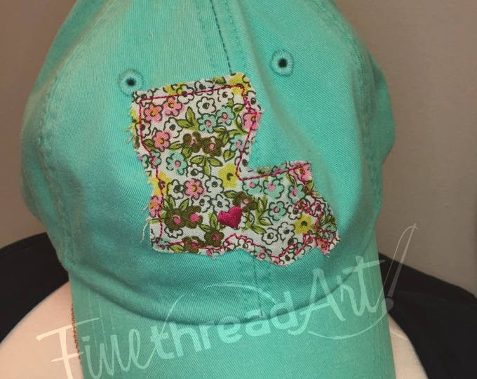 LADIES Floral Applique State Baseball Cap Hat LEATHER strap Flower Floral South Pigment Dyed Louisiana Texas North Carolina Georgia New York