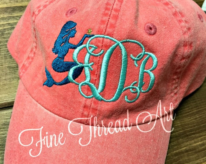 LADIES Mermaid Monogram Baseball Cap Hat LEATHER strap Mom Bridesmaid Bride Bachelorette Pigment Dyed Nautical Beach Summer