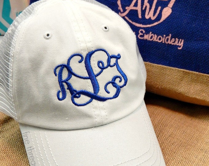 Monogram Distressed Trucker Hat with Hook and Loop Closure Baseball Cap Mom Bridesmaid Bride Bachelorette White Black Dad Hat