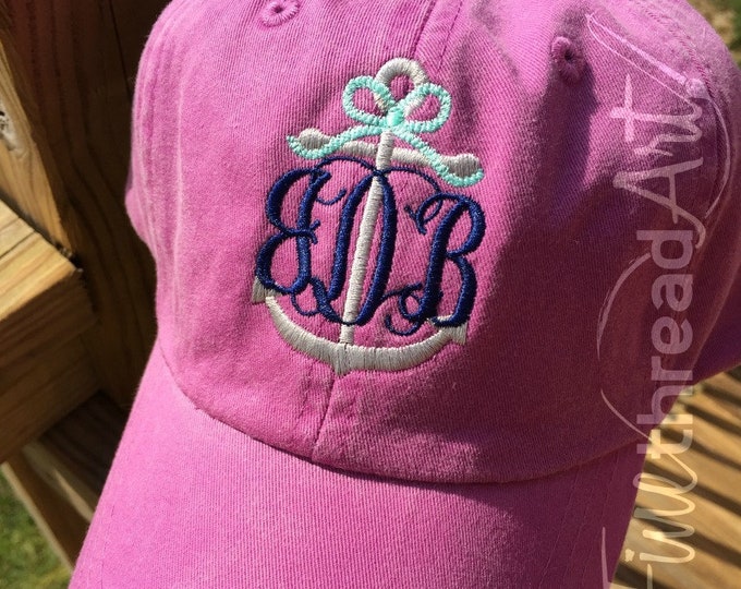 LADIES or Adult Size Anchor Monogram with Rope Bow Baseball Cap Hat Leather Strap Nautical Beach Cruise Ship Boat Coast Vacation Girls Trip