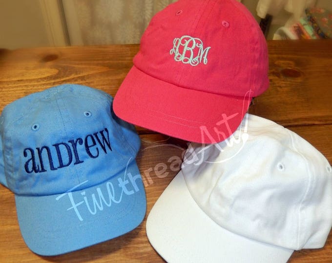 Infant or Small Toddler Monogram Baseball Cap Hat for Girls Boys Kids Youth Size Name Initials Elastic Baby Hat Pink Blue White Twins
