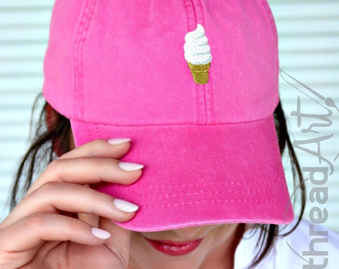 LADIES Ice Cream Cone Soft Serve Yogurt Baseball Cap Hat LEATHER strap Monogram Preppy Summer Bachelorette Pigment Dyed