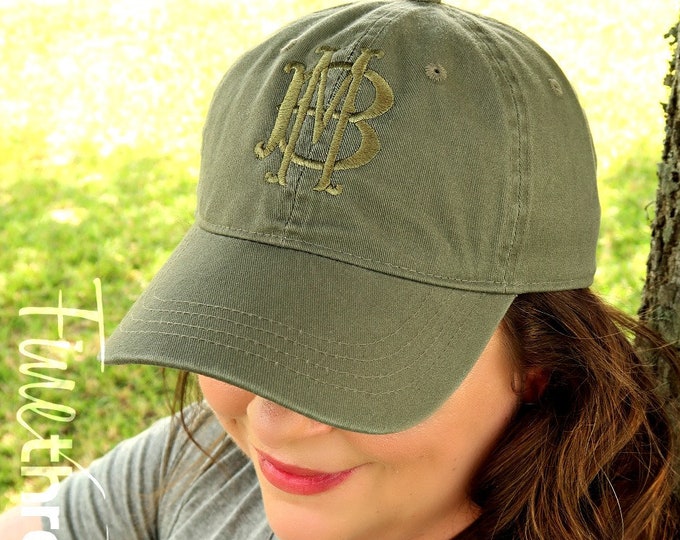 LADIES Tone on Tone Two Letter Layered Monogram Baseball Cap Hat FABRIC strap Adult or Ladies Size Olive Green Pastel Gold