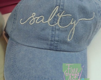 LADIES Salty Hat with Side Monogram Baseball Cap LEATHER strap Pigment Dyed Summer Beach Vacation Cruise Salt Water Sand Custom
