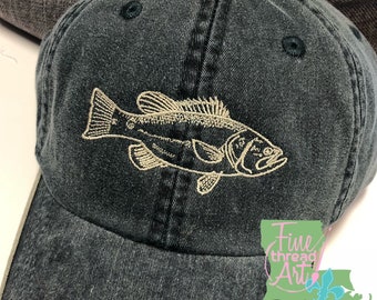 ADULT Bass Fish Monogram Baseball Cap Hat LEATHER strap Fishing Lure Fly Fishing Travel Camp Boat Outdoors Summer Father's Day