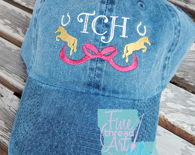 LADIES Equestrian Horse Shoe Monogram Baseball Cap Hat LEATHER strap Pigment Dyed English Riding Western Horseback Jumping Bow Laurel Swag