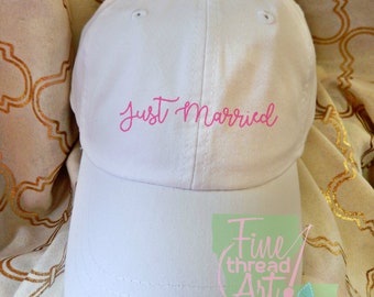 Adult or Ladies Just Married Wedding Baseball Cap Hat LEATHER strap Preppy Bridal Party Bride Bridesmaid Honeymoon Bachelorette Party Trip