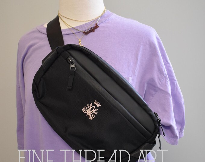 Mother Mary Auspice Maria Virgin Mary Our Lady Catholic Christian Church Monogram Crown Rosary Black Belt Waist Bag Fanny Pack