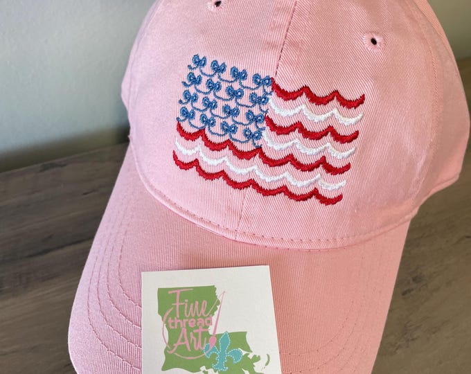 Ladies Bow and Scallop American Flag Baseball Cap Hat LEATHER strap Mom Teacher Summer Boat Cruise Coast Vacation Girly 4th of July USA