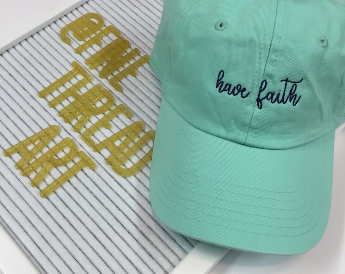 LADIES Have Faith Hat with Side Monogram Baseball Cap LEATHER strap Pigment Dyed Summer Beach Vacation Cruise Religious Believe Christian
