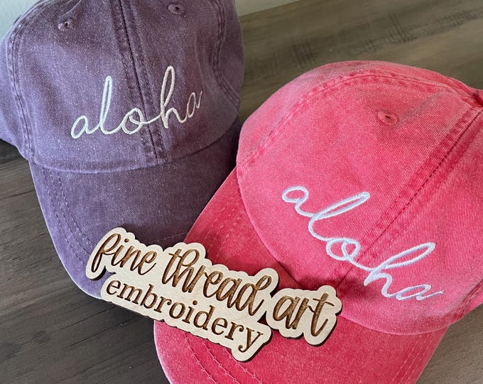 LADIES Aloha Hat with Side Monogram Baseball Cap LEATHER strap Pigment Dyed Summer Beach Vacation Cruise Travel Custom Trip Fishing Hawaii