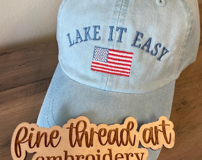 Adult Unisex Lake It Easy American Flag Hat Baseball Cap Hat LEATHER strap Pigment Dyed Mom Dad Boat Cruise Beach Summer Vacation Nautical