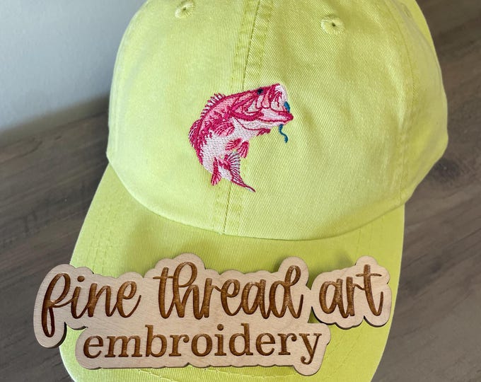 Pink Bass Fish Custom Hat Baseball Cap Leather strap Pigment Dyed Adult Unisex Fishing Tournament Team Fresh Water Outdoors