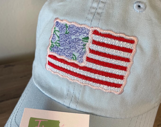 Ladies Hydrangea American Flag Baseball Cap Hat LEATHER strap Mom Teacher Summer Boat Cruise Coast Vacation Scallop Girly 4th of July USA