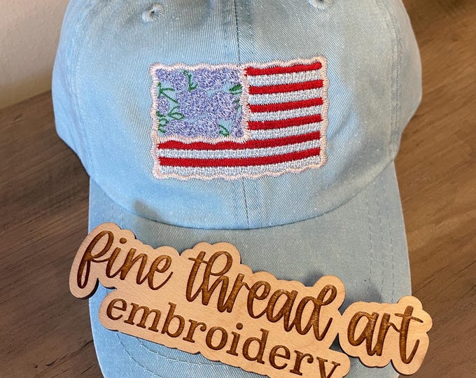 Hydrangea American Flag Baseball Cap: Leather Strap, Embroidered Floral Design