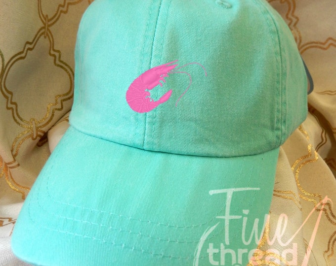 Kids or Adult Ladies Size Shrimp Mini Design Baseball Cap Hat Leather Strap Beach hat Vacation Bachelorette Louisiana Boat Fishing Cruise