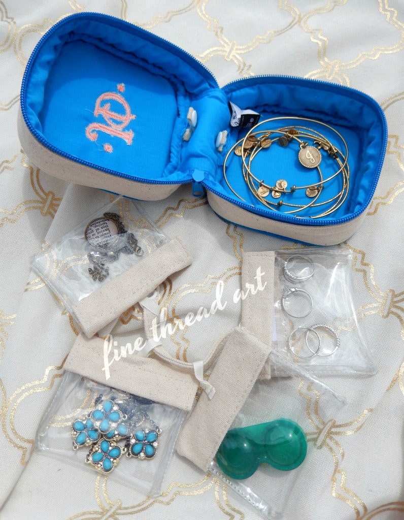 Canvas Jewelry Holder Bag with Turquoise Trim Clear Pockets for Travel