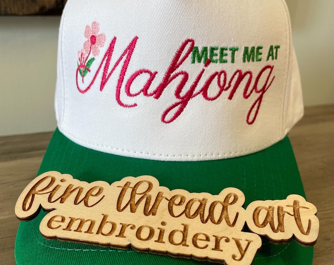 Mahjong Hat White and Green Meet Me at Mahjong Adult Unisex Ladies Flower