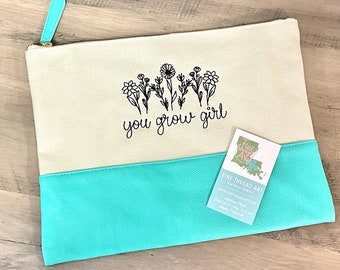 Zipper Pouch Clutch Bag Floral Flower You Grow Girl Seafoam Mint Green Black Thread Natural Canvas Graduation Gift BFF Consolation Congrats