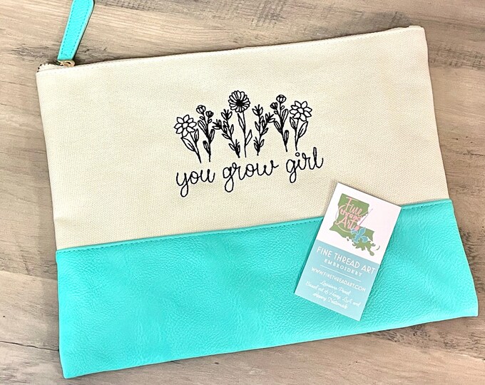 Zipper Pouch Clutch Bag Floral Flower You Grow Girl Seafoam Mint Green Black Thread Natural Canvas Graduation Gift BFF Consolation Congrats