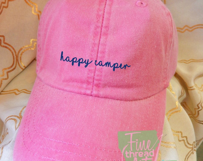 LADIES Happy Camper with Side Monogram Baseball Cap LEATHER strap Pigment Dyed Summer Beach Vacation Cruise Travel Camping RV Motorhome Trip