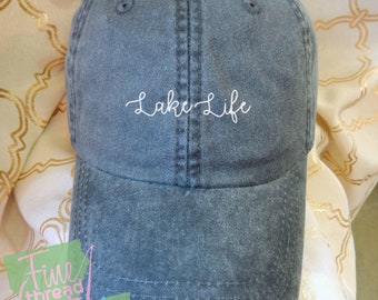 LADIES Lake Life Hat with Side Monogram Baseball Cap LEATHER strap Pigment Dyed Summer Beach Vacation Cruise Travel Custom Trip Fishing