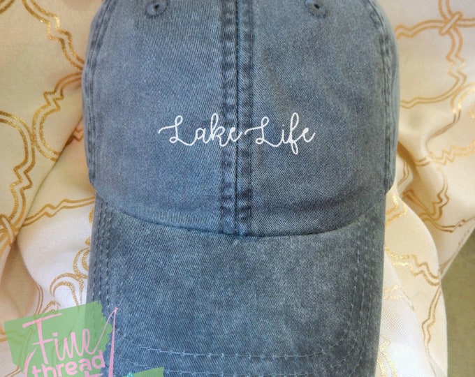 LADIES Lake Life Hat with Side Monogram Baseball Cap LEATHER strap Pigment Dyed Summer Beach Vacation Cruise Travel Custom Trip Fishing