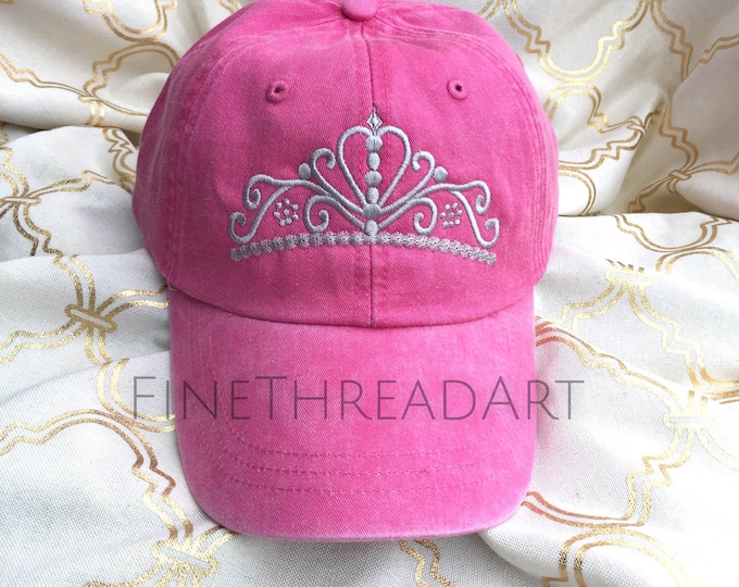 LADIES Princess Tiara with Side Monogram Baseball Cap Hat LEATHER strap Mom Bridesmaid Bride Bachelorette Pigment Dyed Queen Crown Costume